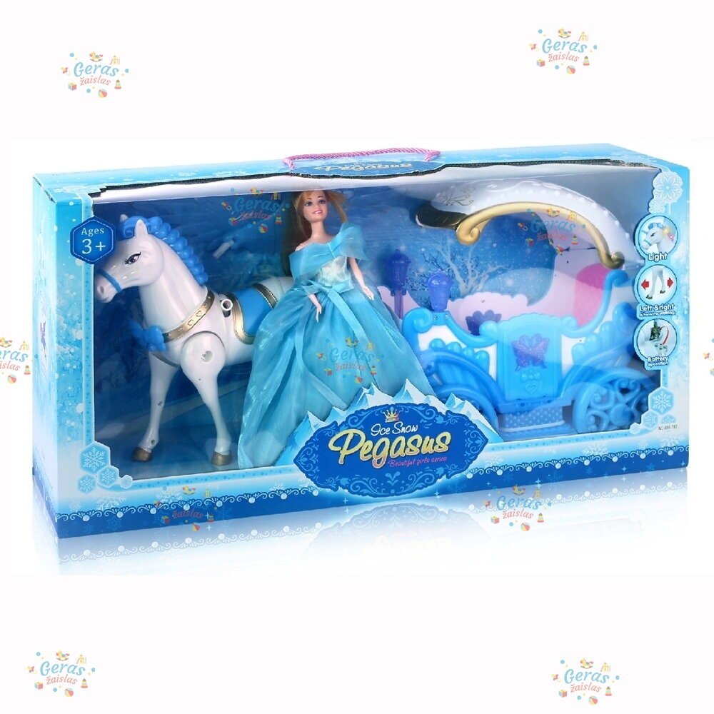 Lėlė su karieta ir einančiu sparnuotu arkliu „Ice Snow Pegasus“, 3+ 1