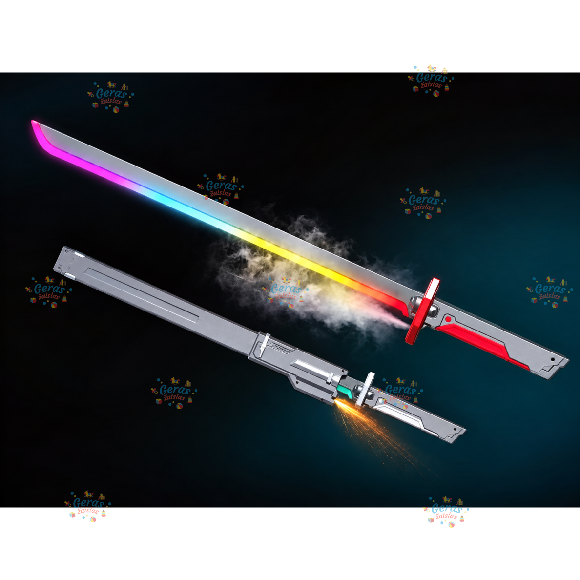 Šviečiantis kardas (katana) su dūmais ir žiežirbomis, įkraunamas, 80 cm Šviečiantis kardas (katana) su dūmais ir žiežirbomis, įkraunamas, 80 cm