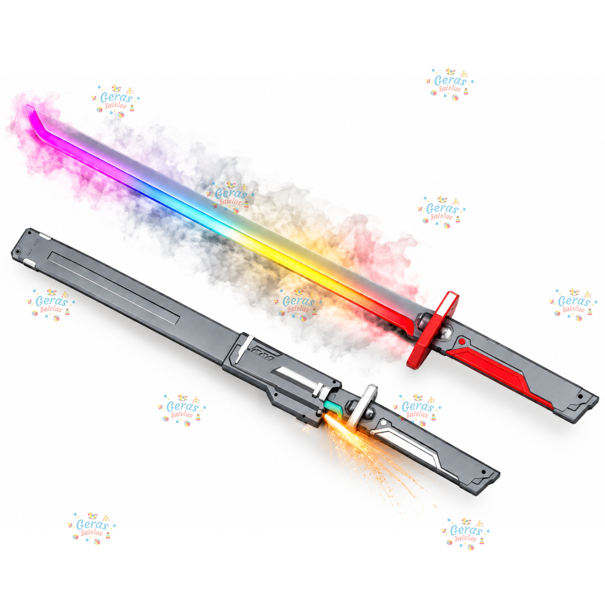 Šviečiantis kardas (katana) su dūmais ir žiežirbomis, įkraunamas, 80 cm 1