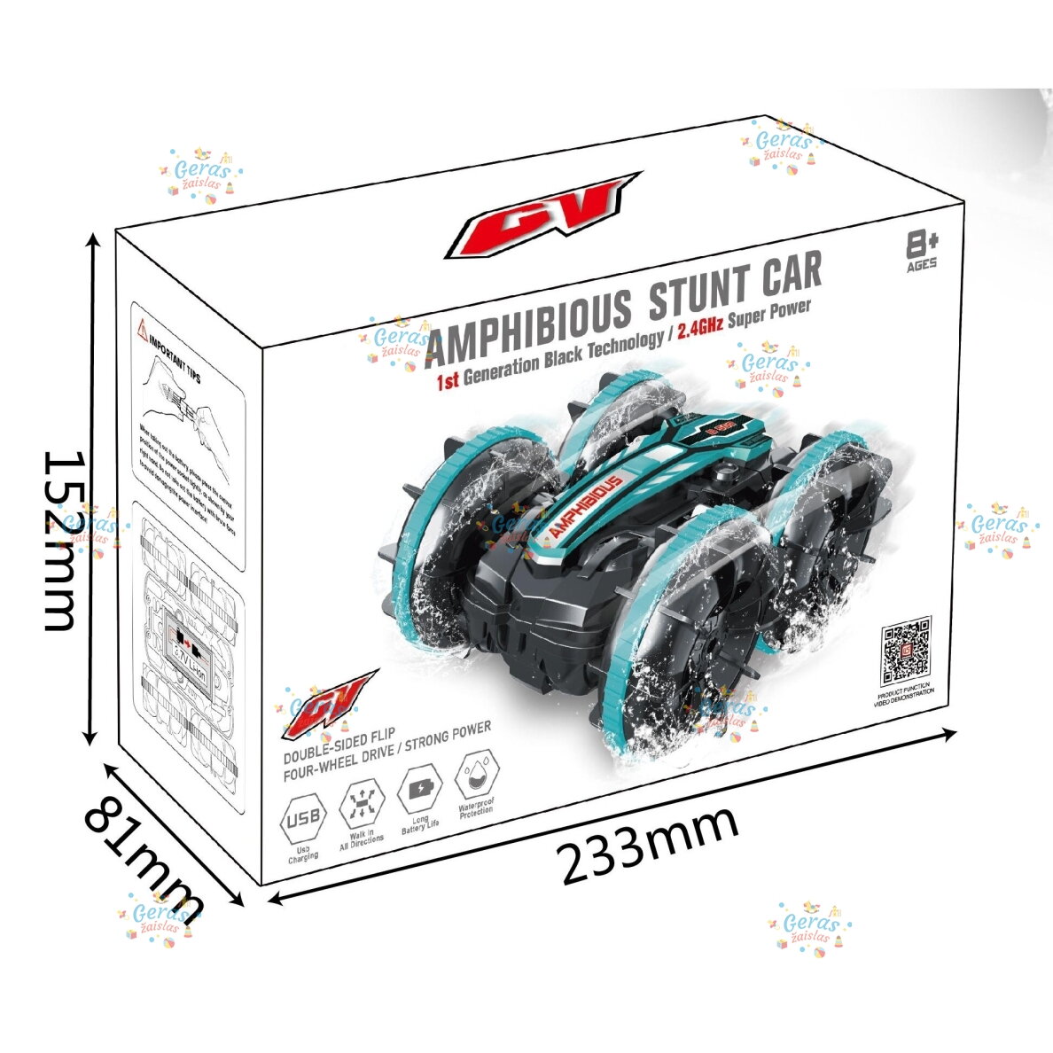 Valdomas amfibijos triukų automobilis „Amphibious Stunt Car“ su pulteliu ir riešo valdymu, 8+ 1 Valdomas amfibijos triukų automobilis „Amphibious Stunt Car“ su pulteliu ir riešo valdymu, 8+ 1